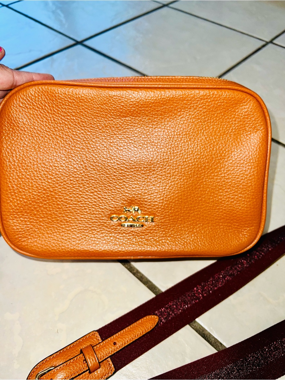 Coach Orange Pebbled Leather Camera Crossbody with Striped Strap - Picture 2 of 10
